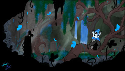 A fan character sitting in a parallax scene of a underground overgrown grotto resembling the Hollow Knight Greenpaths.